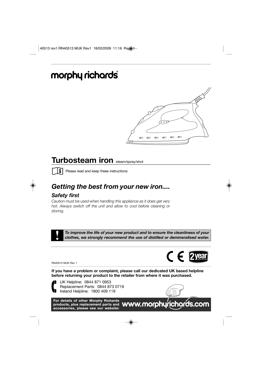 Morphy Richards RN40513 manual Turbosteam iron steam/spray/shot 