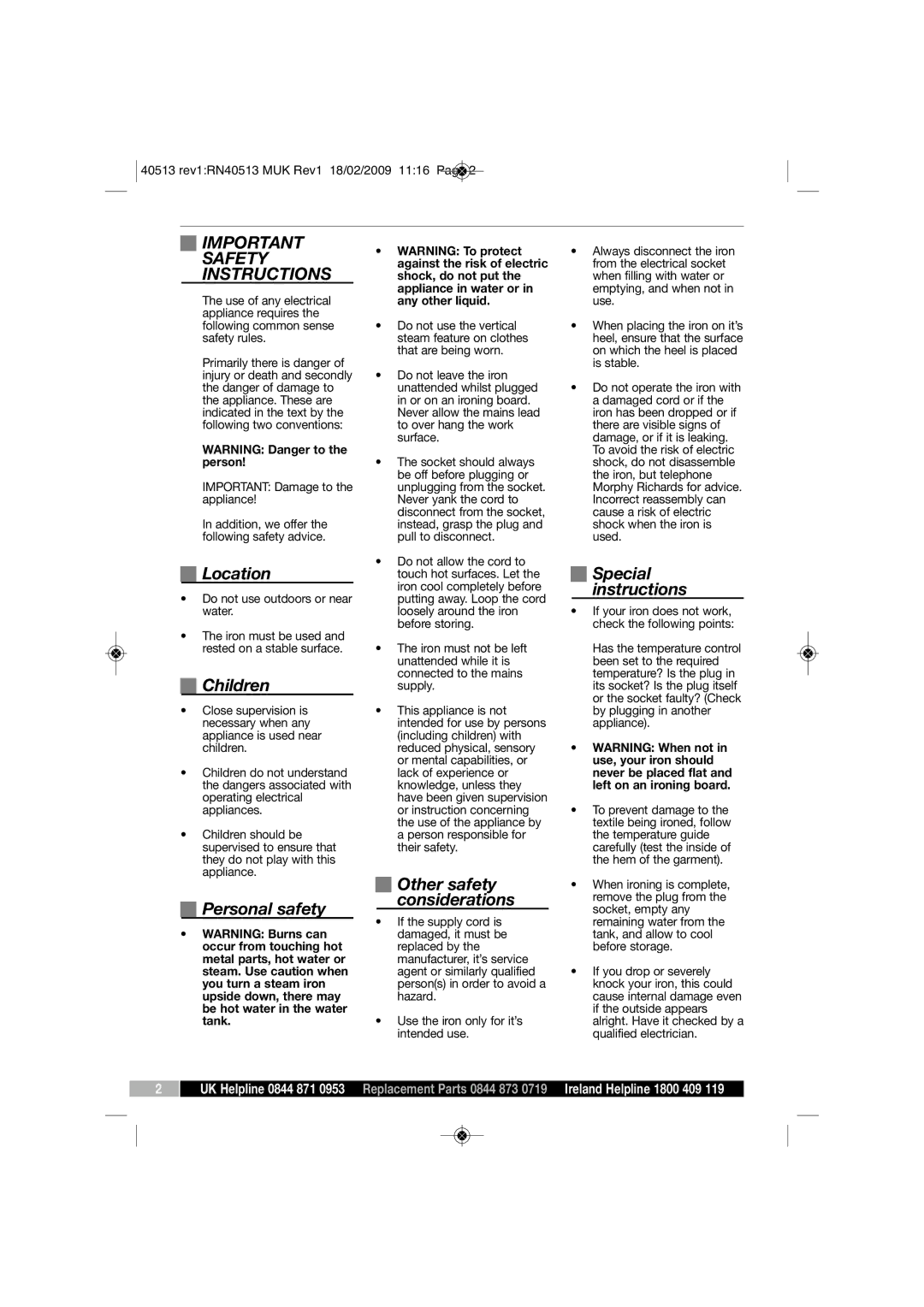 Morphy Richards RN40513 manual Safety Instructions 