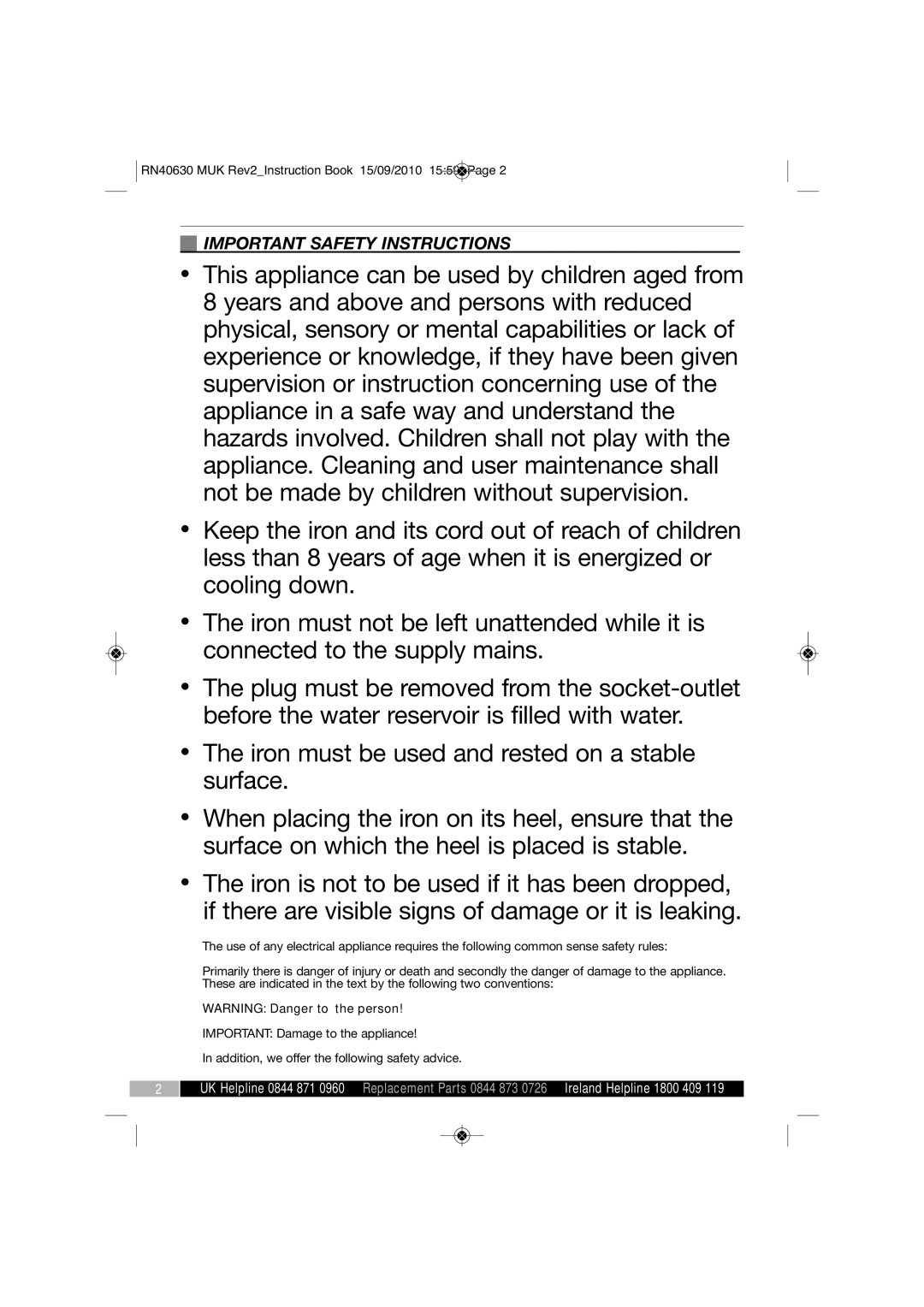 Morphy Richards RN40630 MUK REV2 manual Important Safety Instructions 