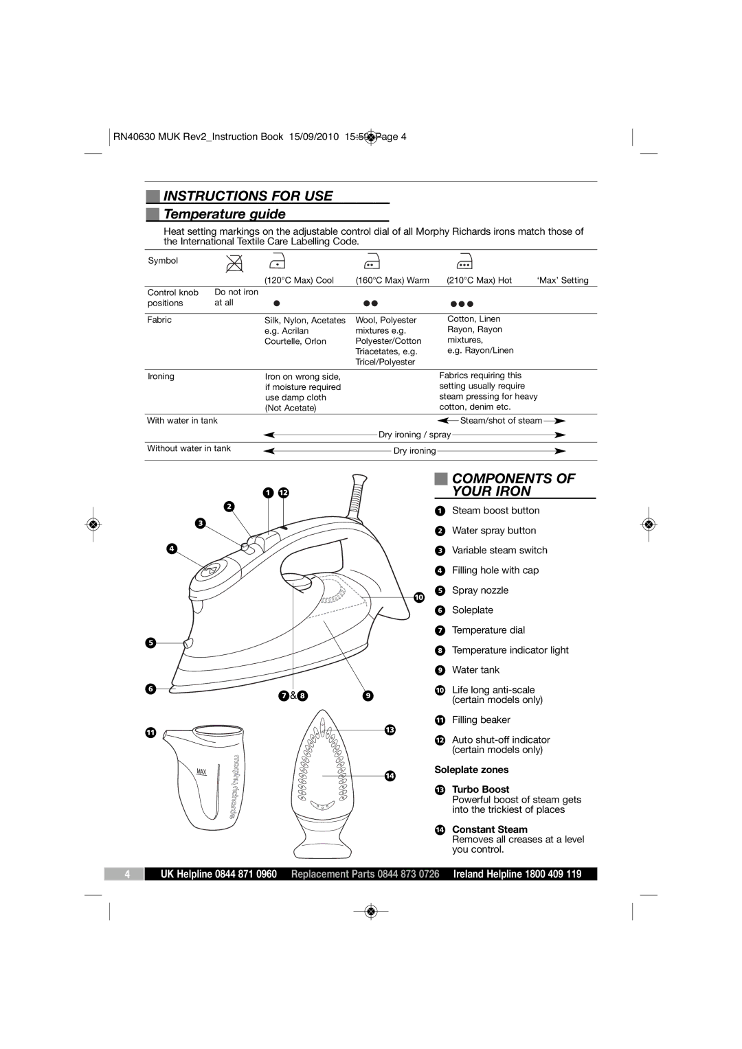 Morphy Richards RN40630 MUK REV2 manual Instructions for USE, Temperature guide, Components, Your Iron 