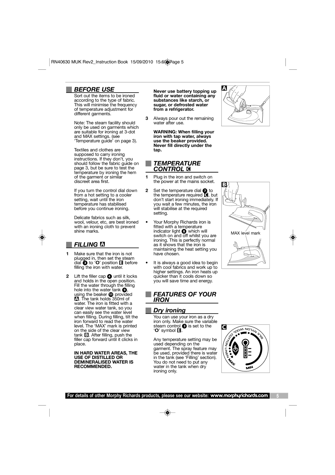 Morphy Richards RN40630 MUK REV2 manual Before USE, Filling a, Temperature Control C, Features of Your Iron, Dry ironing 