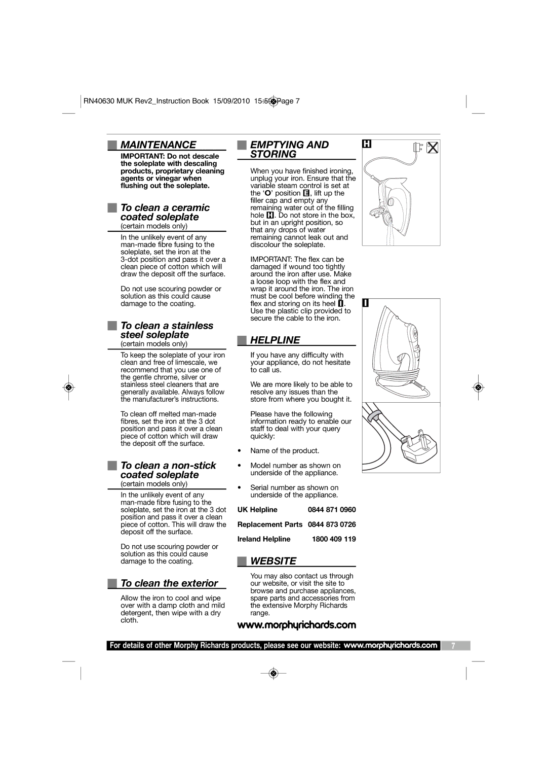 Morphy Richards RN40630 MUK REV2 manual Maintenance, Emptying Storing, Helpline, Website 