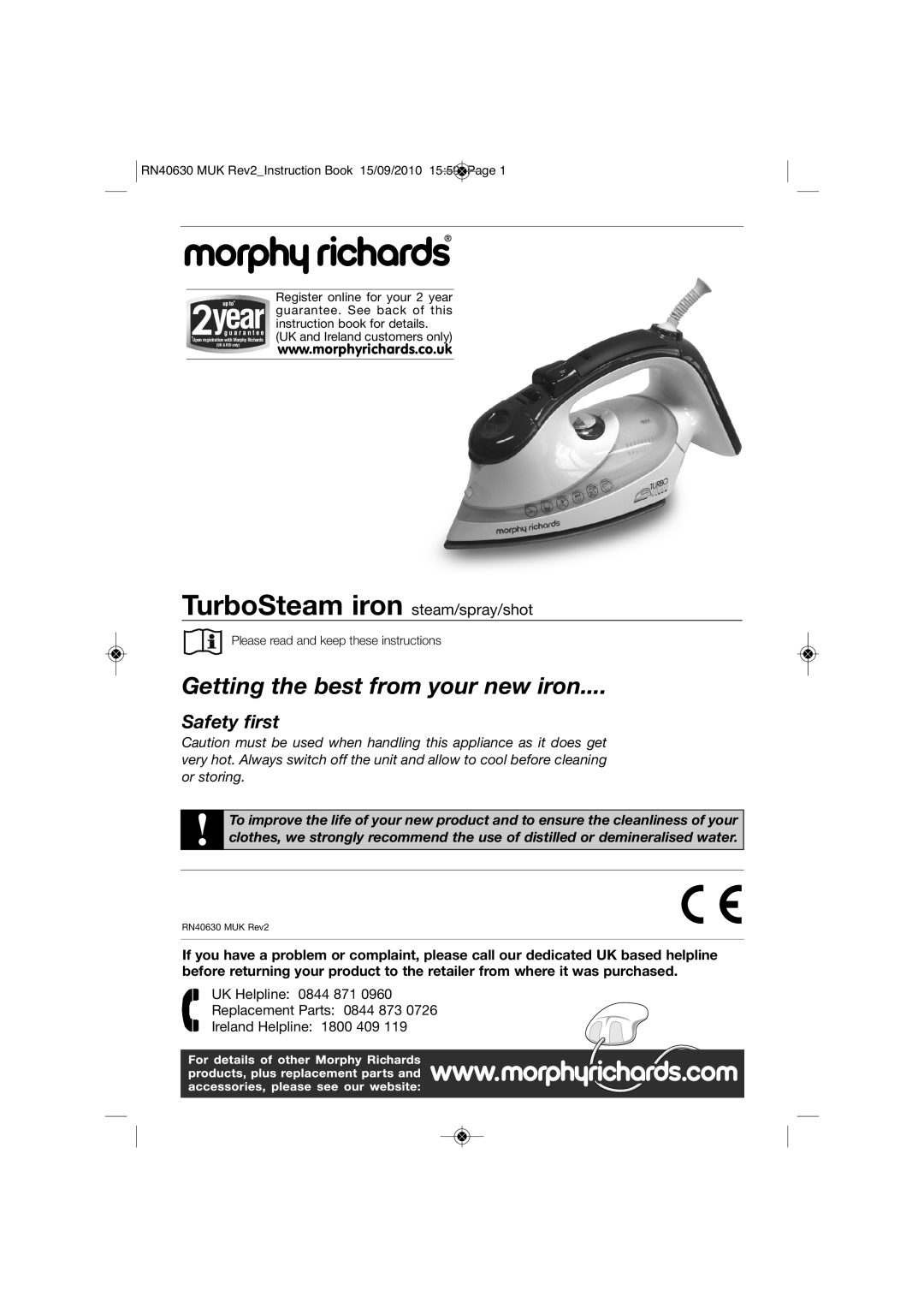 Morphy Richards RN40630 MUK REV2 manual TurboSteam iron steam/spray/shot, Getting the best from your new iron 