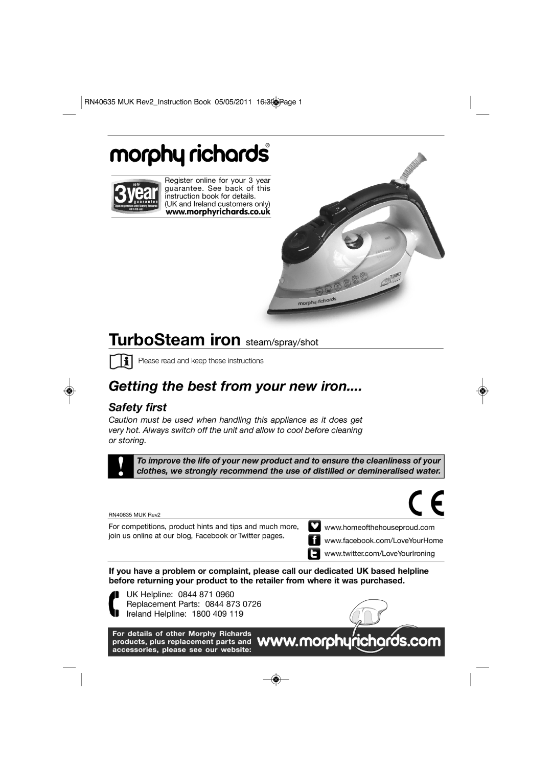 Morphy Richards RN40635 manual TurboSteam iron steam/spray/shot, Please read and keep these instructions 