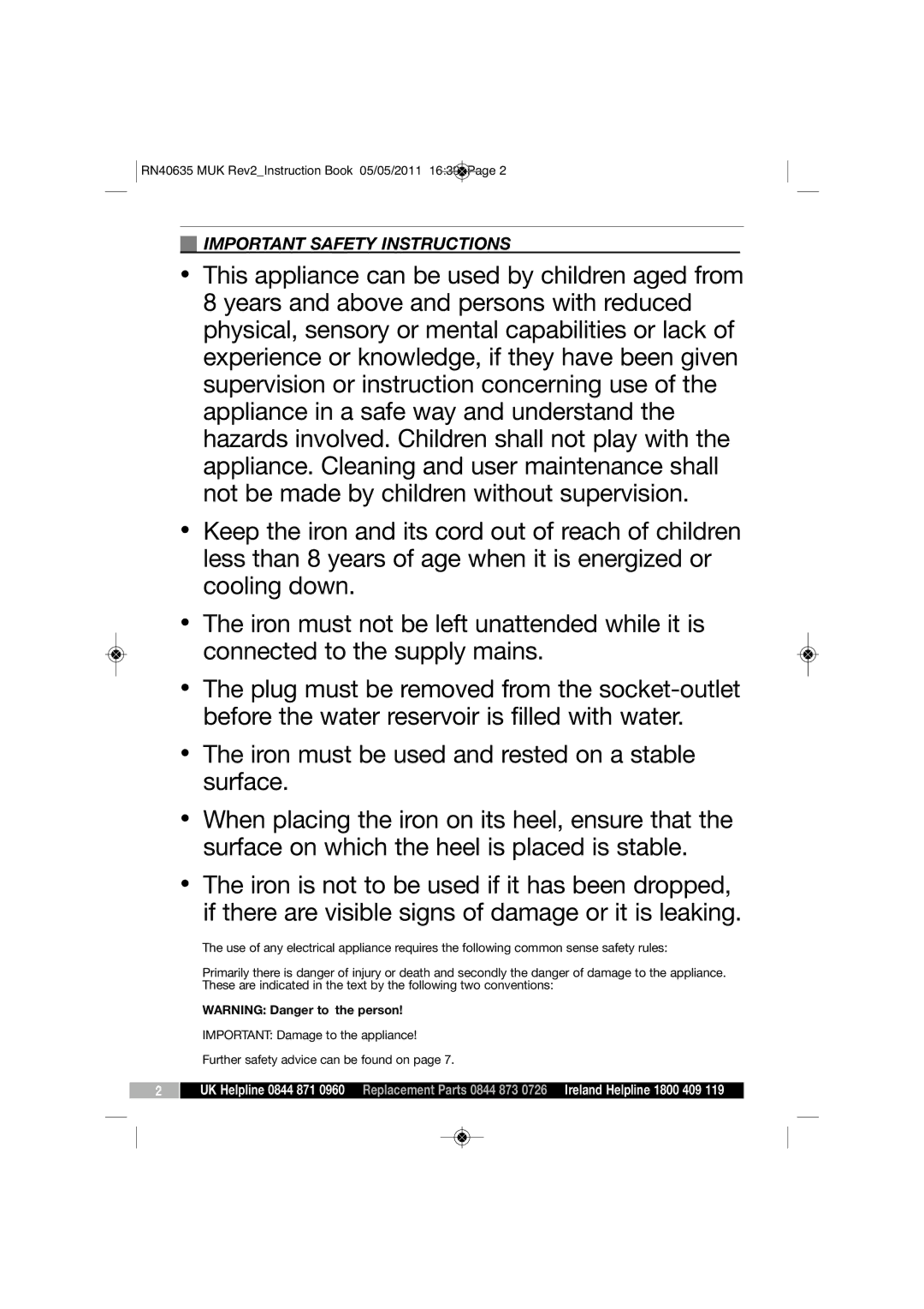 Morphy Richards RN40635 manual Important Safety Instructions 