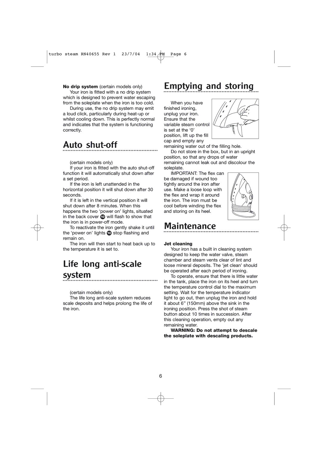 Morphy Richards RN40655 manual Auto shut-off, Life long anti-scale system, Emptying and storing, Maintenance, Jet cleaning 