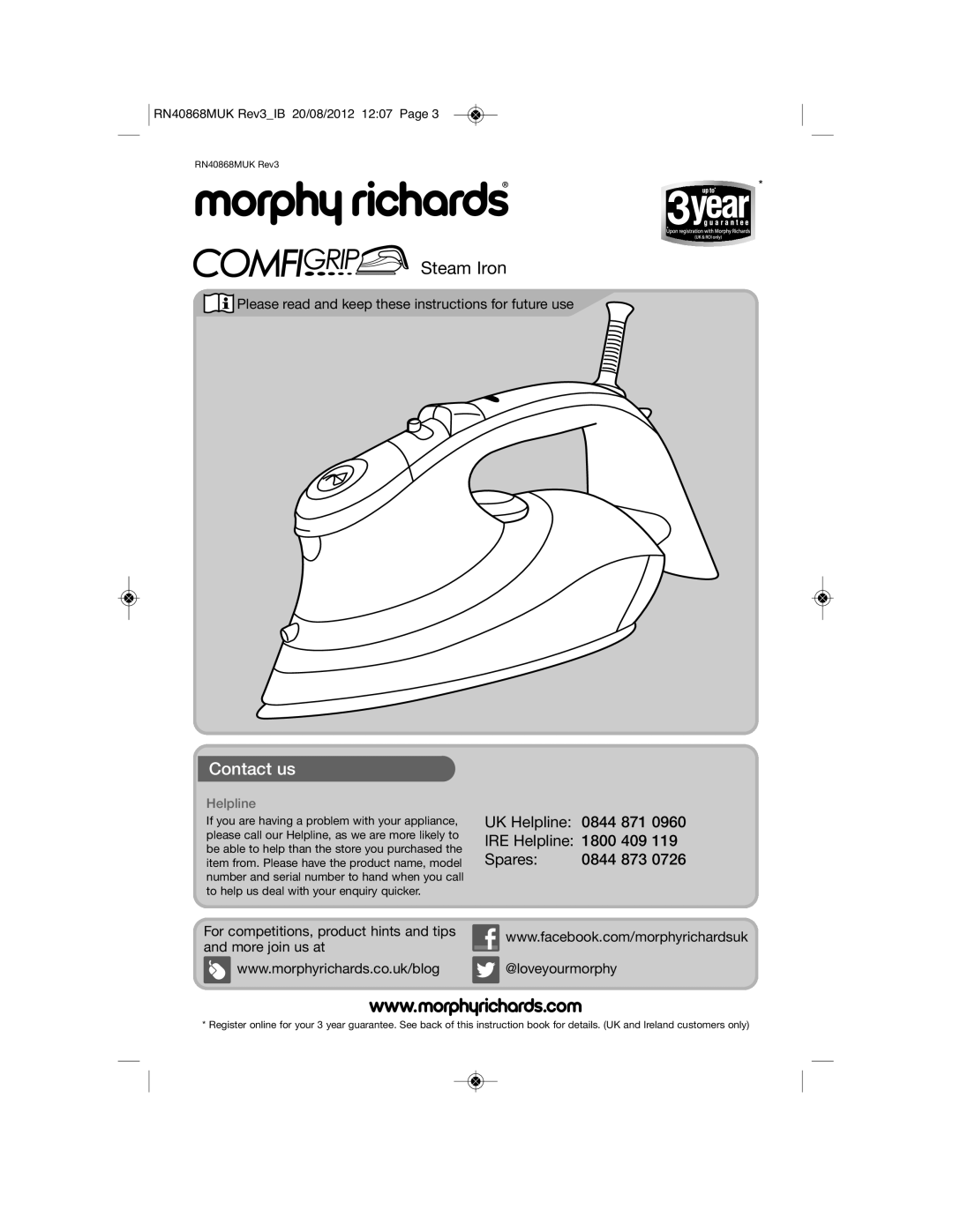 Morphy Richards RN40868MUK manual Contact us, Helpline 