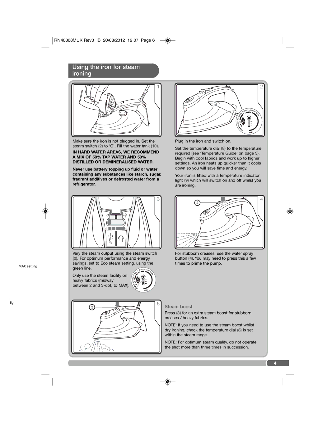 Morphy Richards RN40868MUK manual Using the iron for steam ironing, Steam boost 