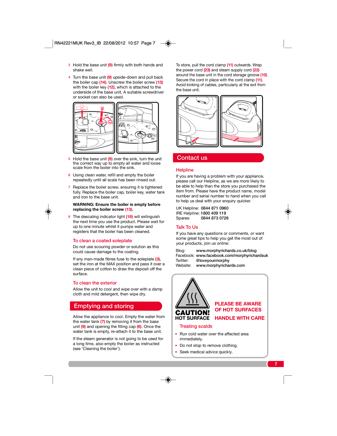 Morphy Richards RN42221MUK Rev3 manual Emptying and storing, Contact us 