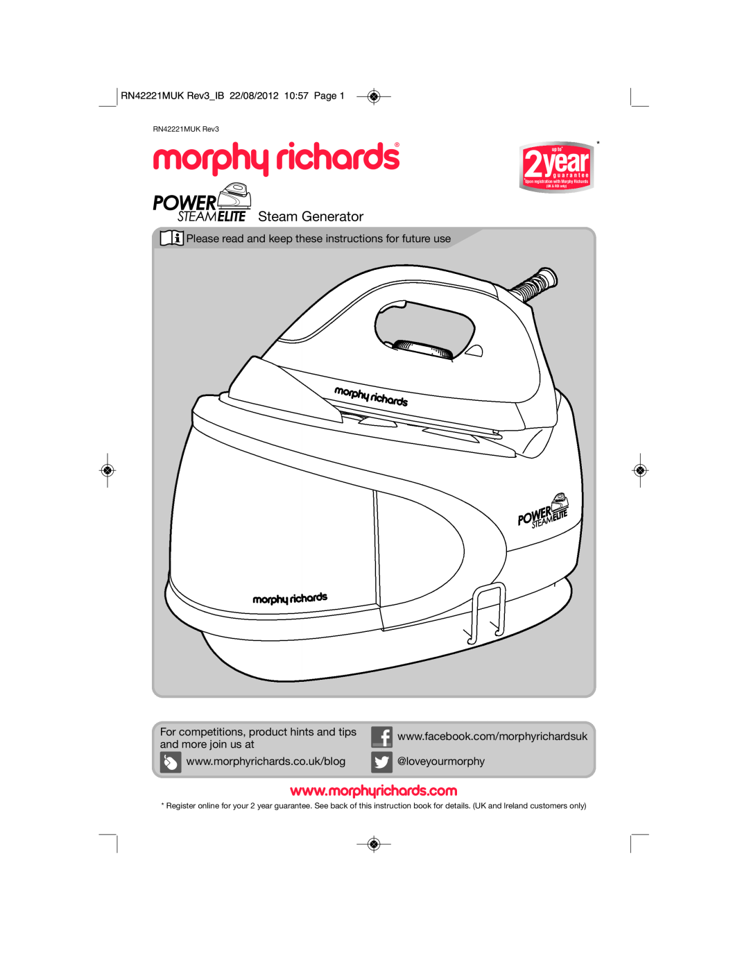 Morphy Richards RN42221MUK Rev3 manual Steam Generator, Please read and keep these instructions for future use 