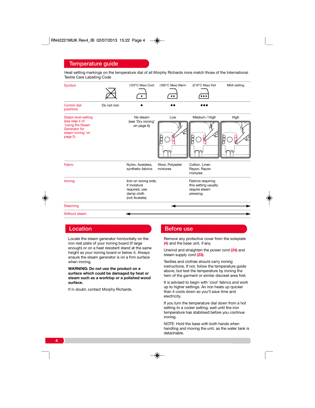 Morphy Richards RN42221MUK manual Temperature guide, Location, Before use 