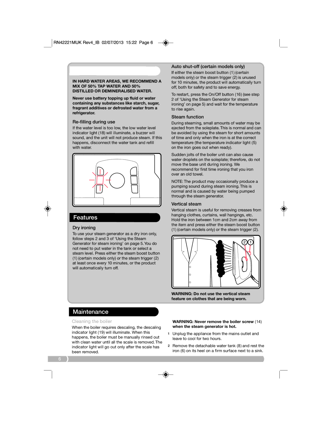 Morphy Richards RN42221MUK manual Filling, Features, Maintenance 