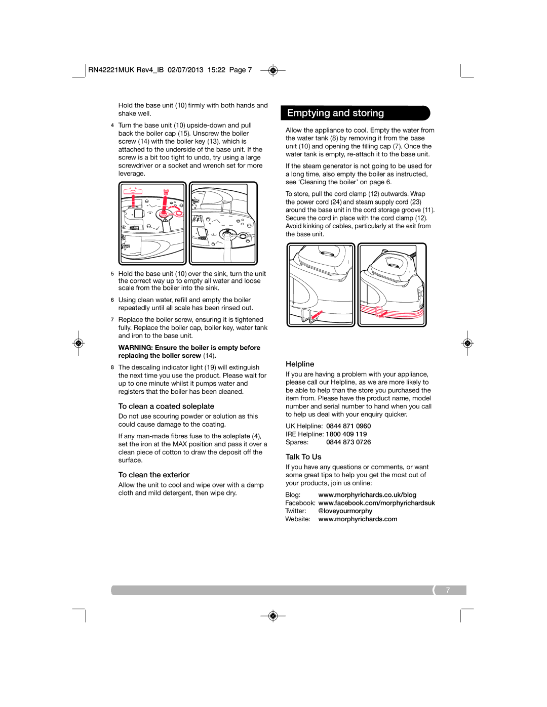 Morphy Richards RN42221MUK manual Emptying and storing, Contact us 