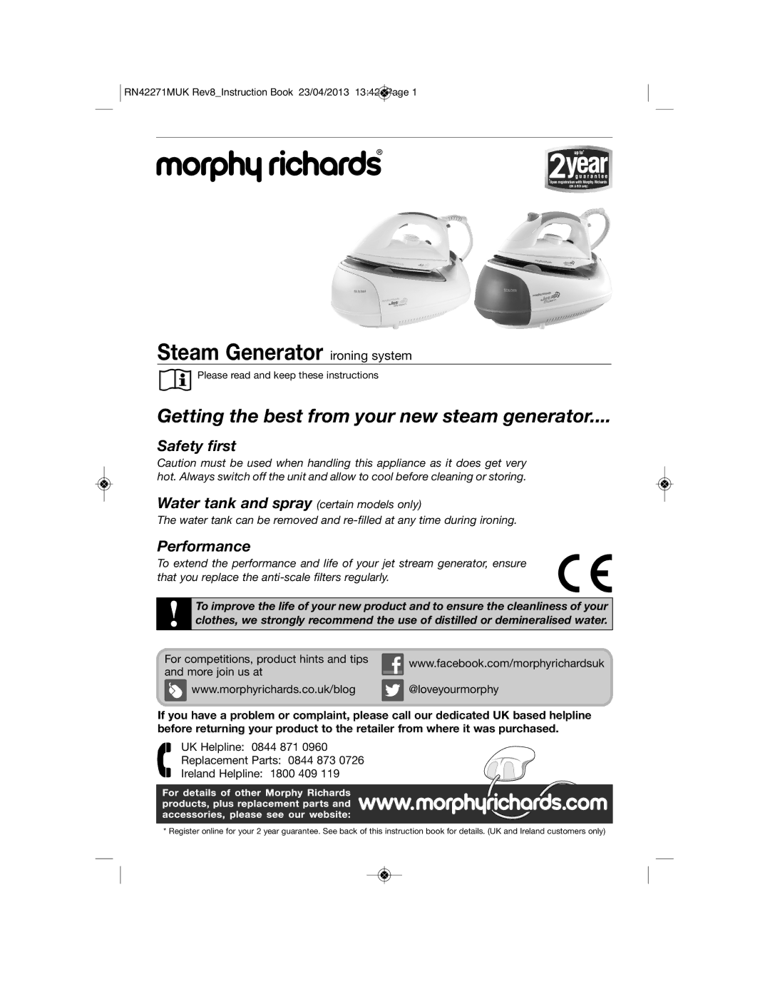 Morphy Richards RN42271MUK manual Steam Generator ironing system 