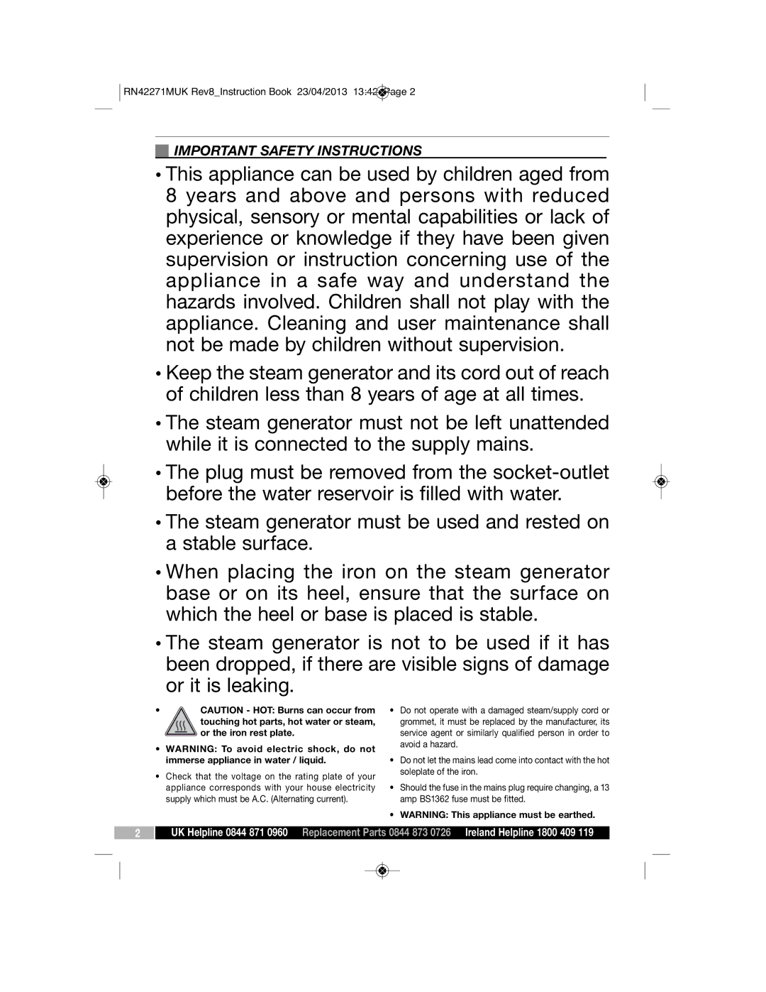 Morphy Richards RN42271MUK manual Important Safety Instructions 