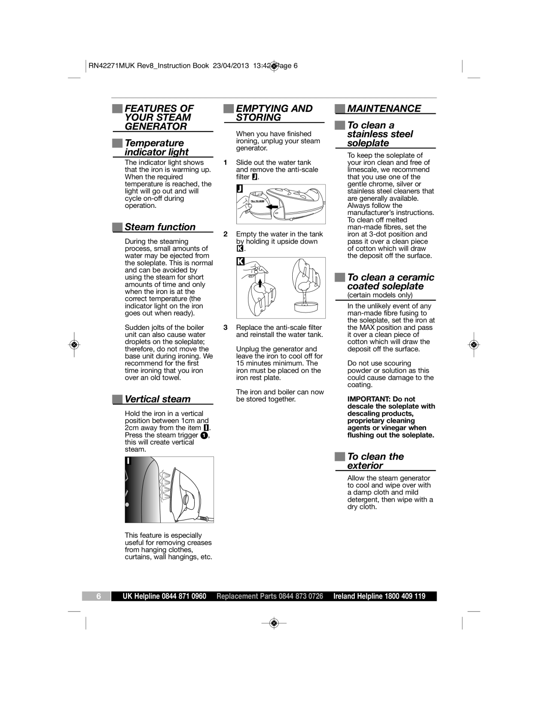 Morphy Richards RN42271MUK manual Features of Your Steam Generator, Emptying and Storing, Maintenance 