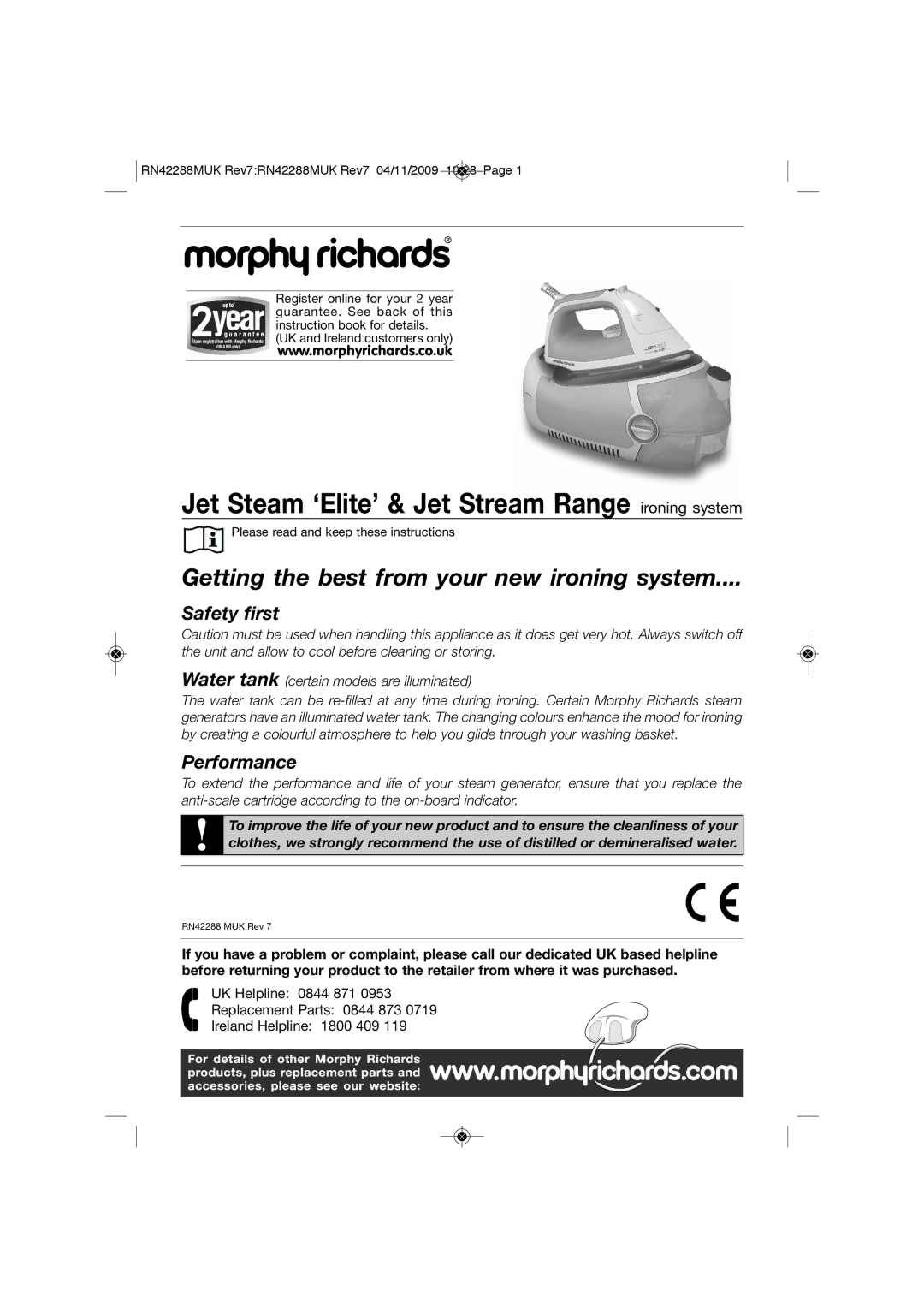 Morphy Richards RN42288MUK manual Jet Steam ‘Elite’ & Jet Stream Range ironing system 