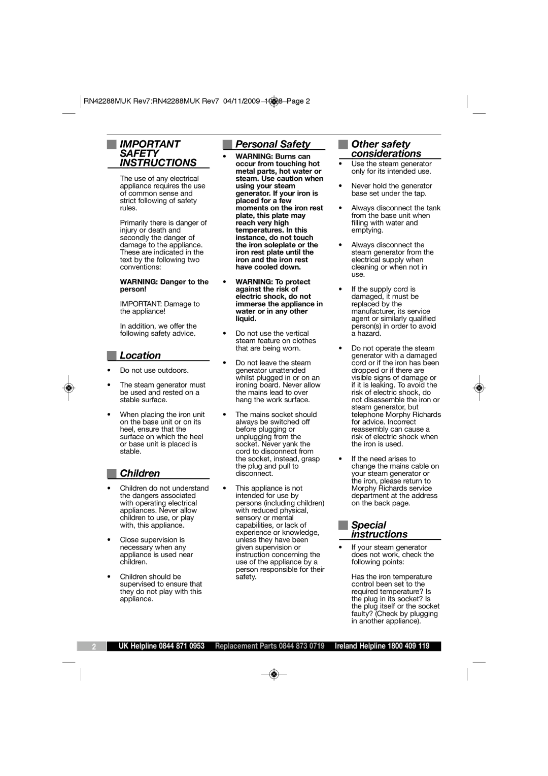 Morphy Richards RN42288MUK manual Important Safety Instructions 