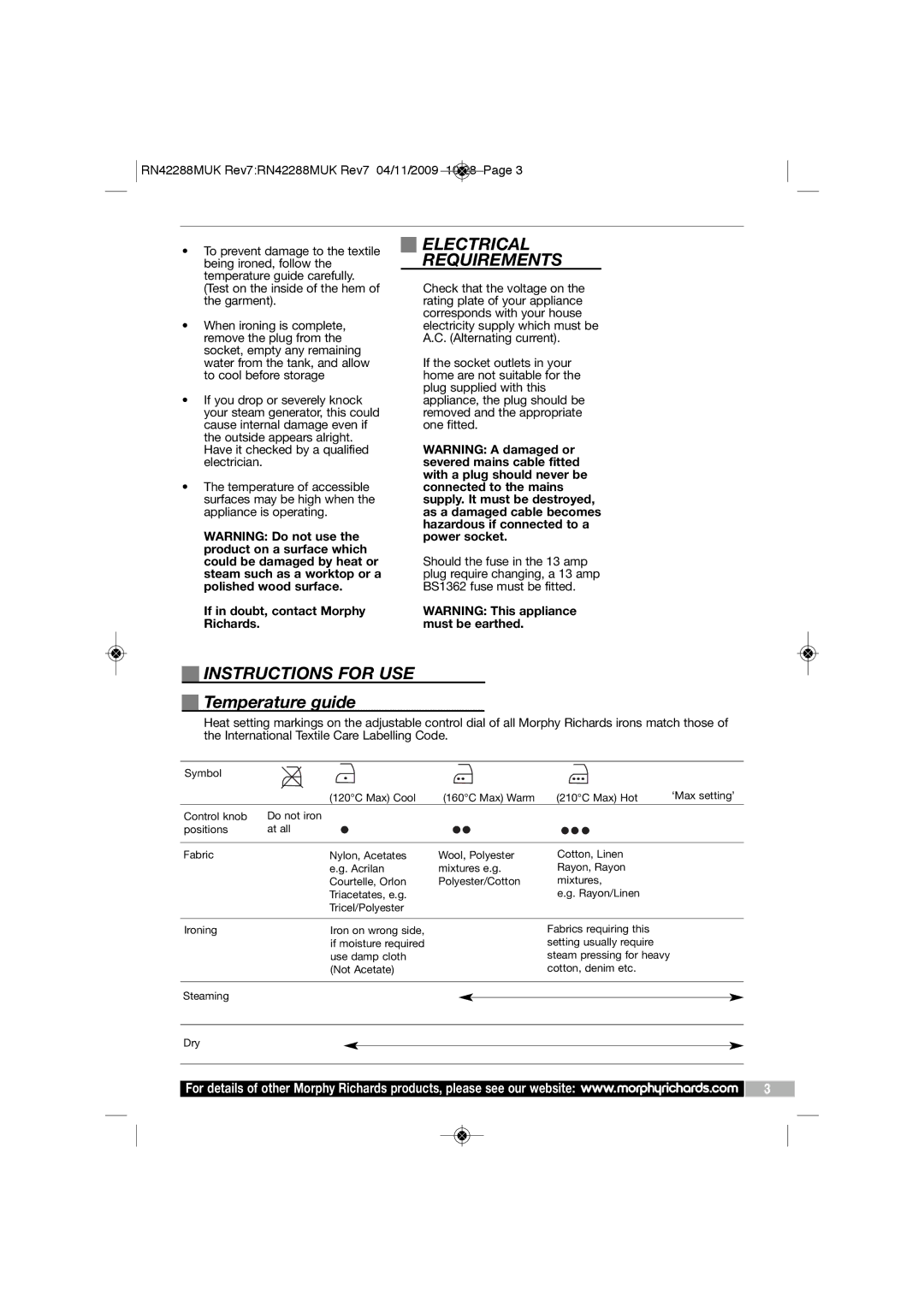 Morphy Richards RN42288MUK manual Electrical Requirements, Instructions for USE, Temperature guide 