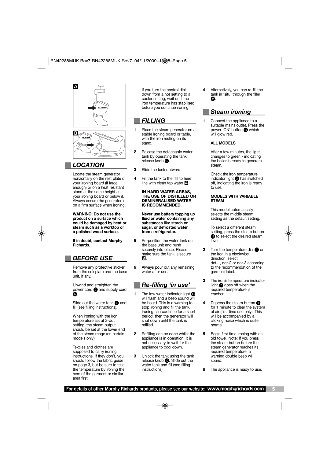 Morphy Richards RN42288MUK manual Location, Before USE, Filling, Re-filling ‘in use’, Steam ironing 