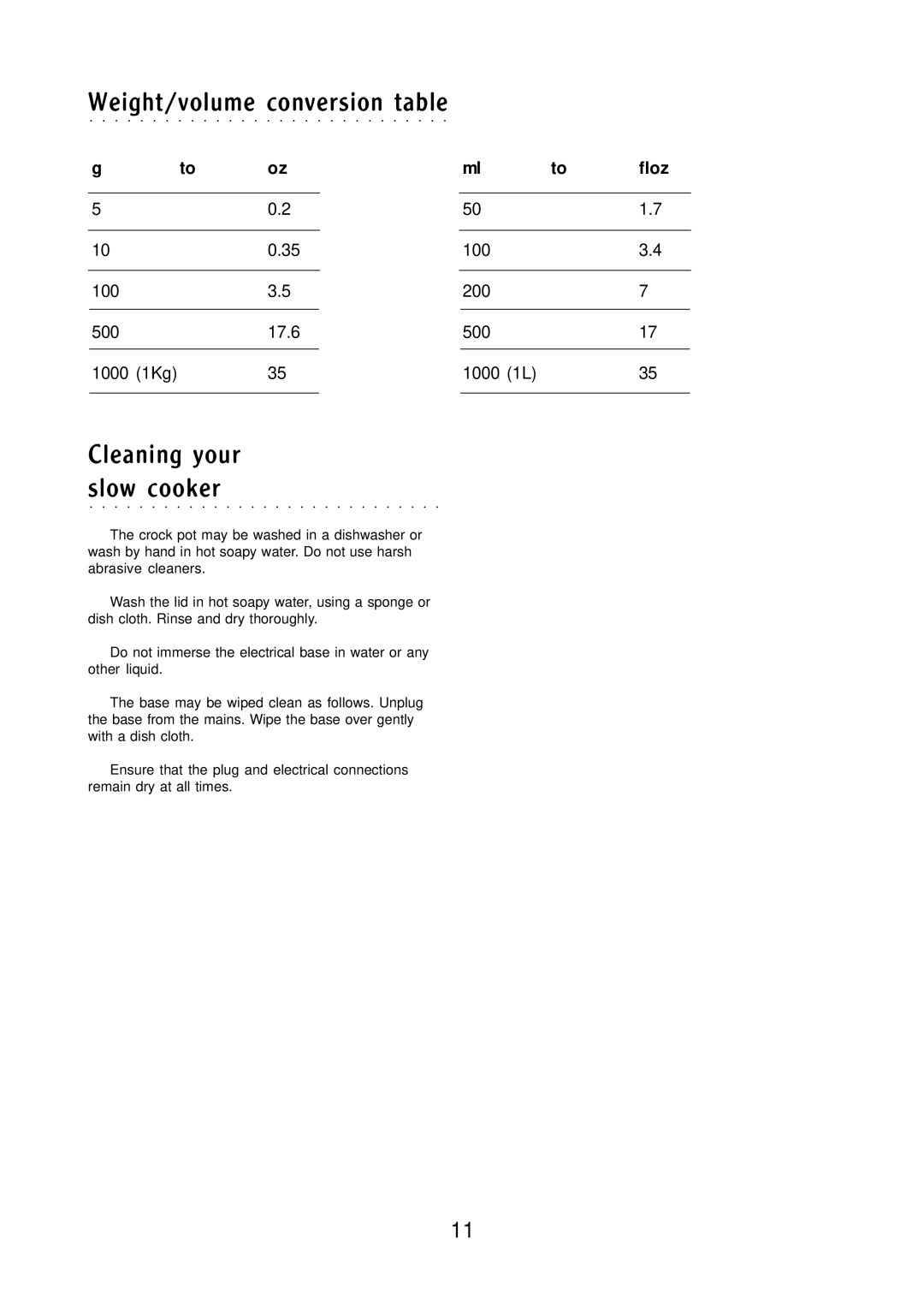 Morphy Richards Round slow cooker manual Weight/volume conversion table, Cleaning your slow cooker 