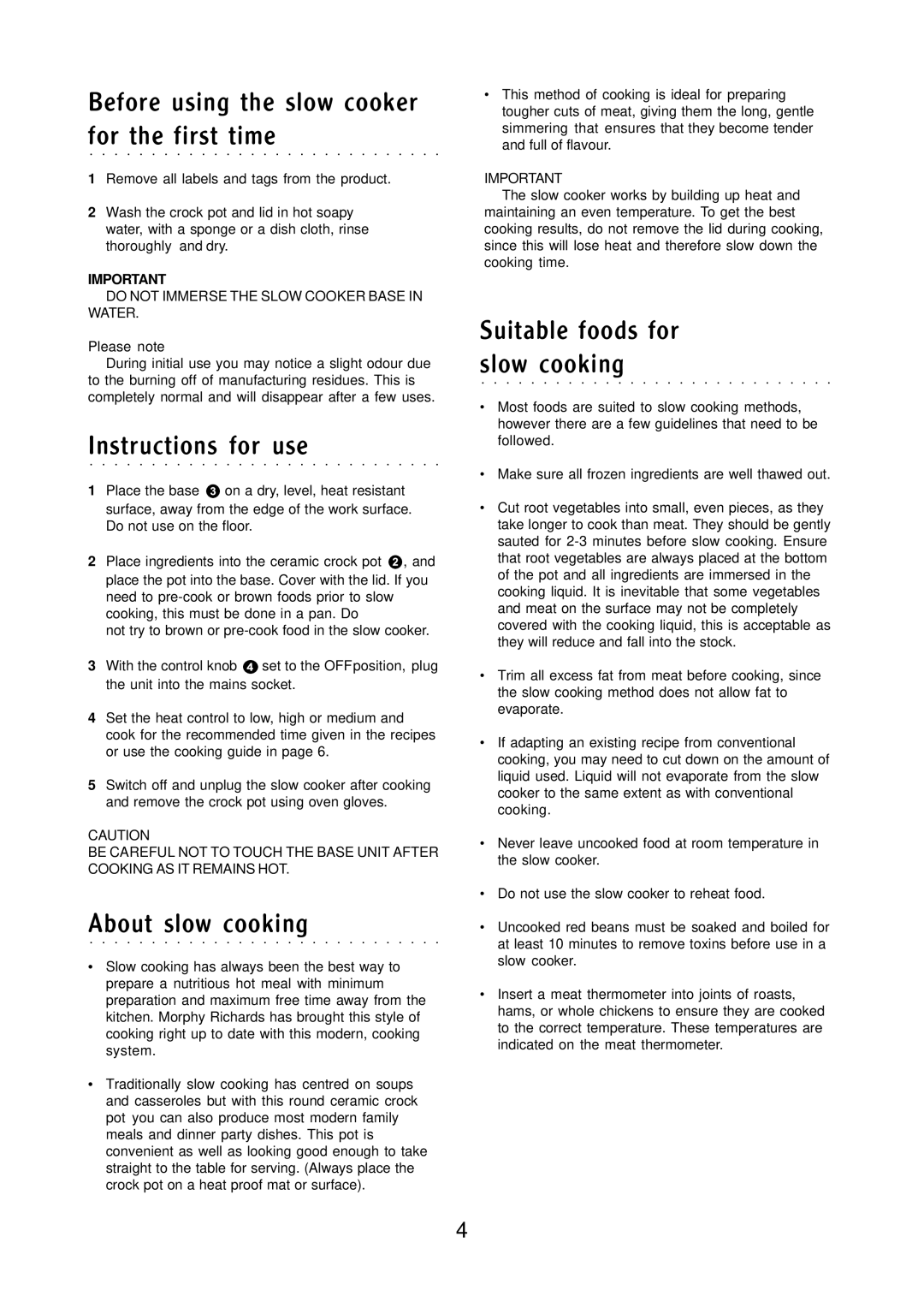 Morphy Richards Round slow cooker manual Before using the slow cooker for the first time, Instructions for use 