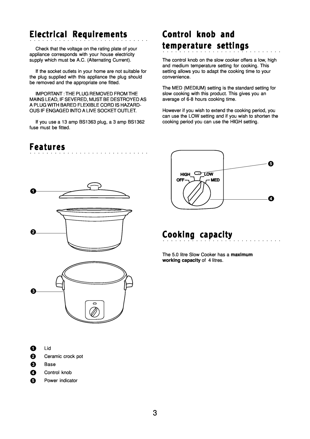 Morphy Richards Round slow cooker manual Electrical Requirements, Features Cooking capacity 