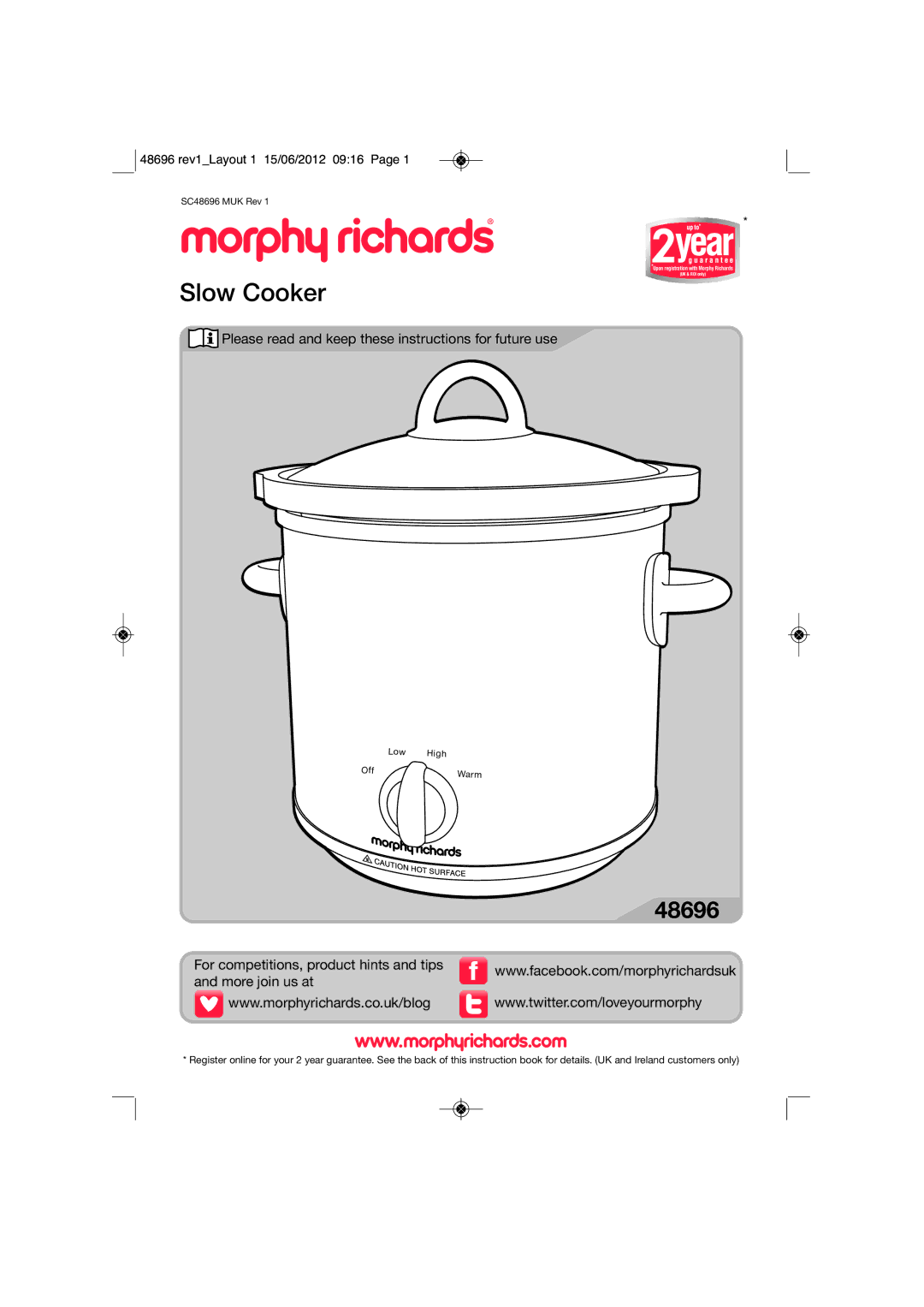 Morphy Richards SC48696 manual Slow Cooker 