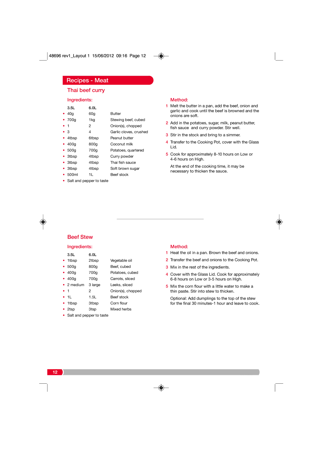 Morphy Richards SC48696 manual Thai beef curry, Beef Stew 