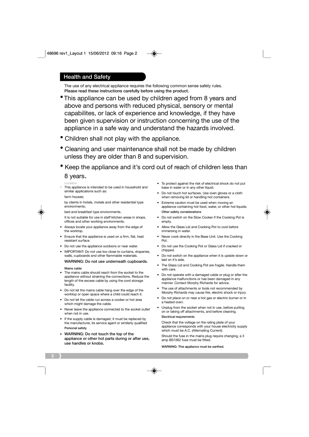 Morphy Richards SC48696 manual Health and Safety 