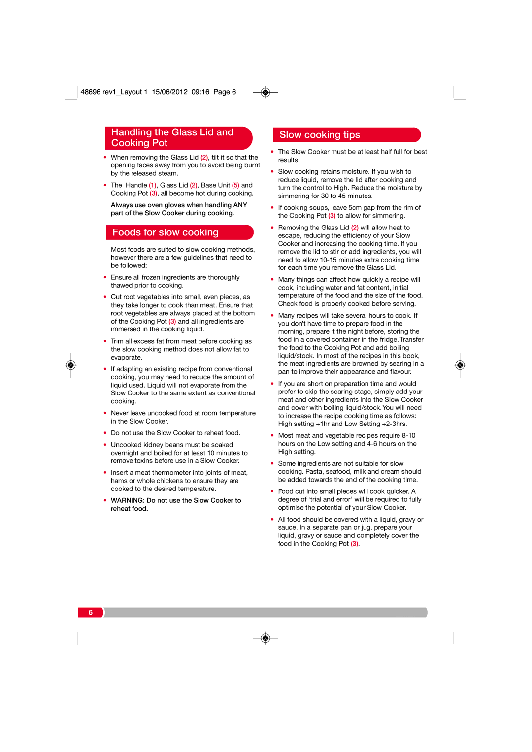 Morphy Richards SC48696 manual Handling the Glass Lid Cooking Pot, Foods for slow cooking, Slow cooking tips 