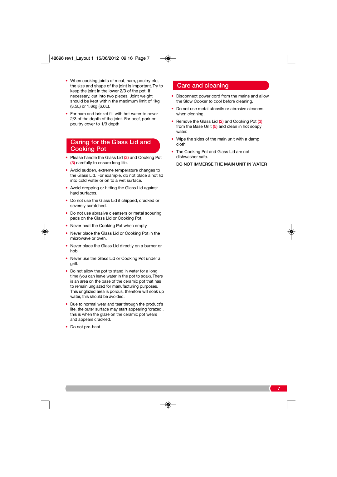 Morphy Richards SC48696 manual Caring for the Glass Lid Cooking Pot, Care and cleaning 
