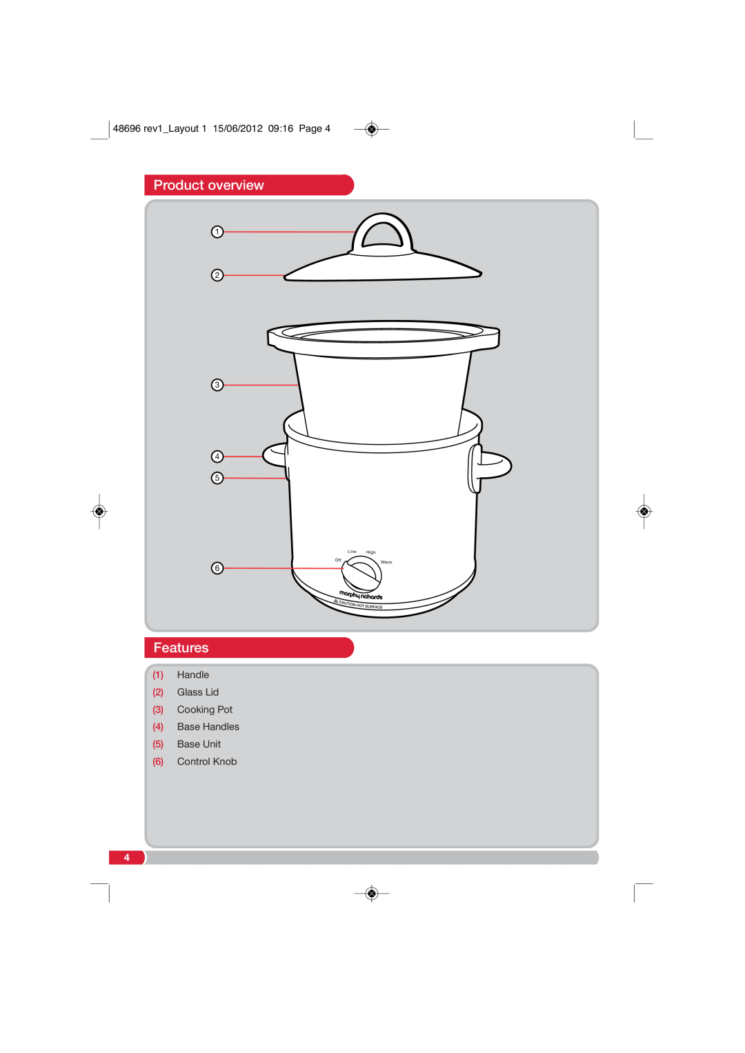 Morphy Richards SC48696 manual Product overview, Features, 48696 rev1 Layout 1 15/06/2012 09 16 Page, High, Warm 