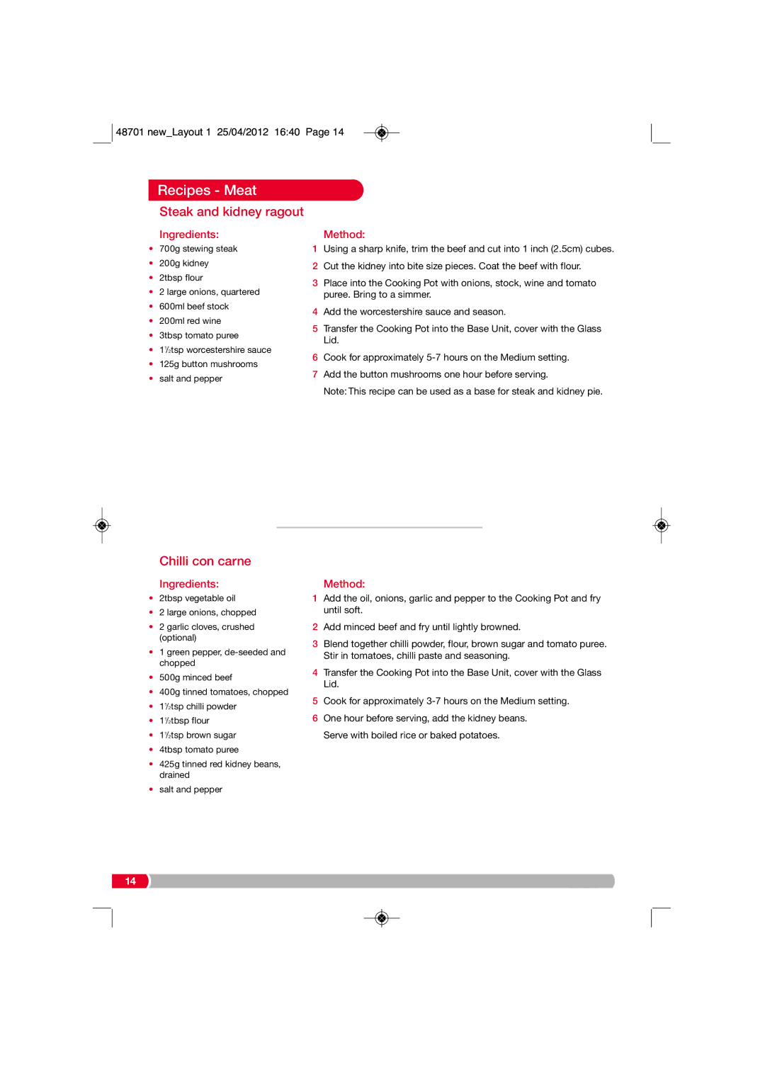 Morphy Richards SC48701 manual Steak and kidney ragout, Chilli con carne 