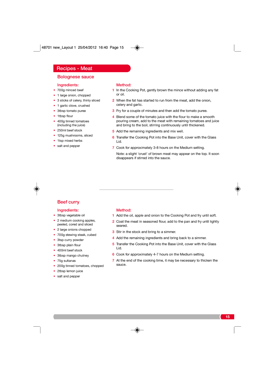Morphy Richards SC48701 manual Bolognese sauce, Beef curry 
