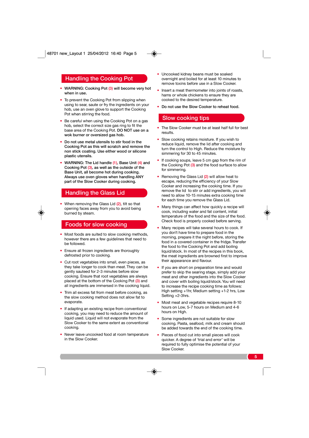 Morphy Richards SC48701 manual Handling the Cooking Pot, Handling the Glass Lid, Foods for slow cooking, Slow cooking tips 