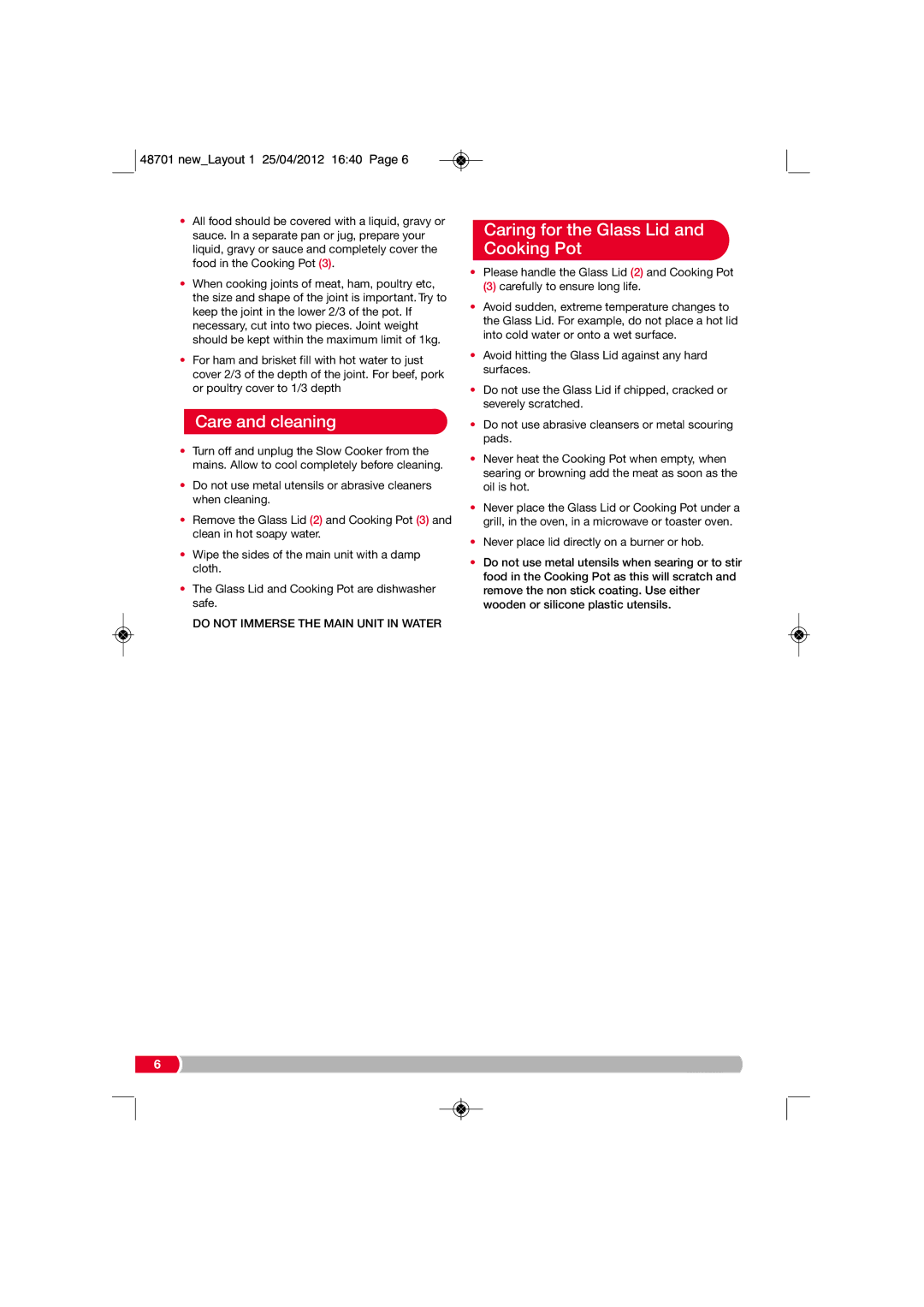 Morphy Richards SC48701 manual Care and cleaning, Caring for the Glass Lid and Cooking Pot 