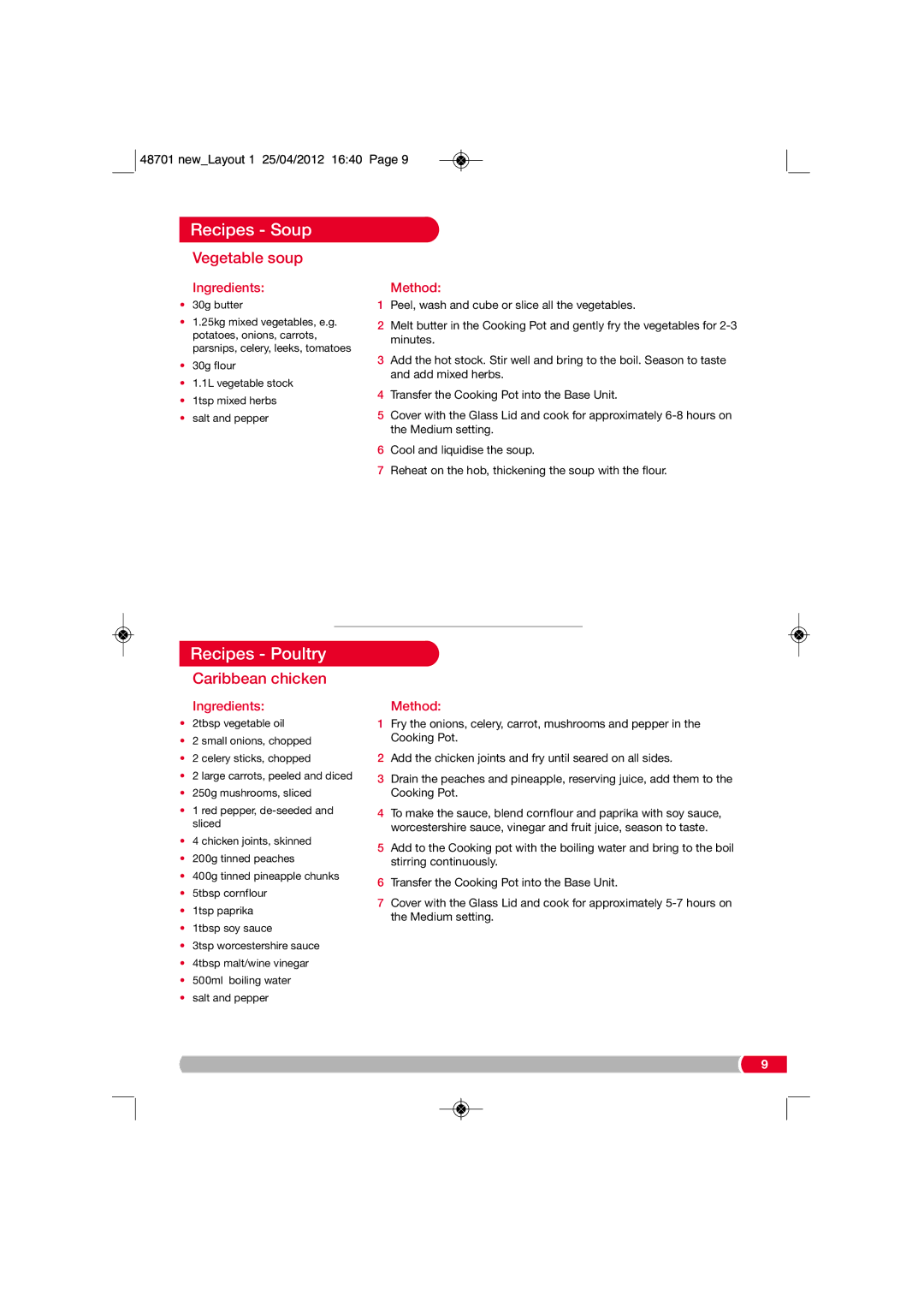Morphy Richards SC48701 manual Recipes Poultry, Vegetable soup, Caribbean chicken 