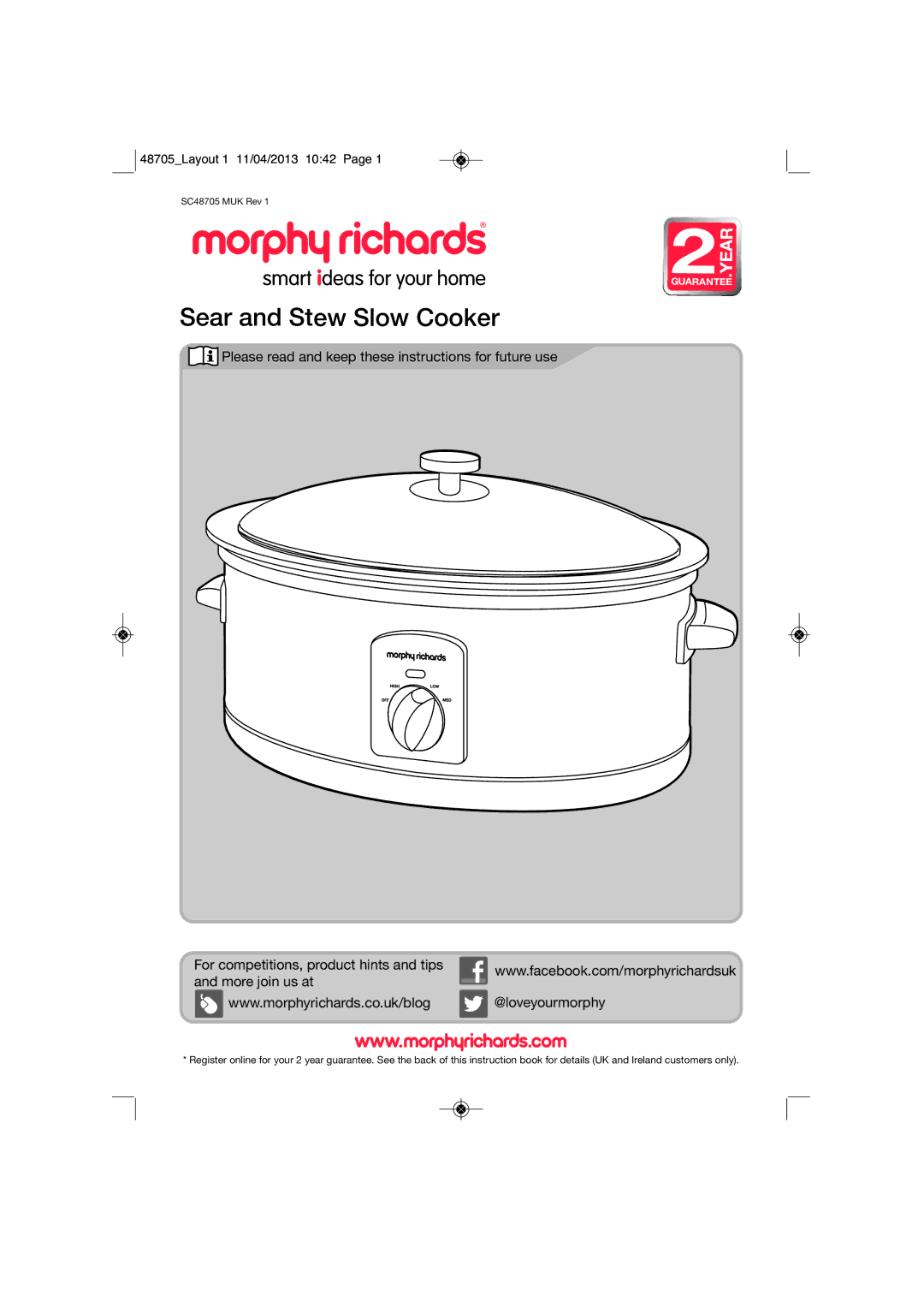 Morphy Richards SC48705 manual Sear and Stew Slow Cooker 