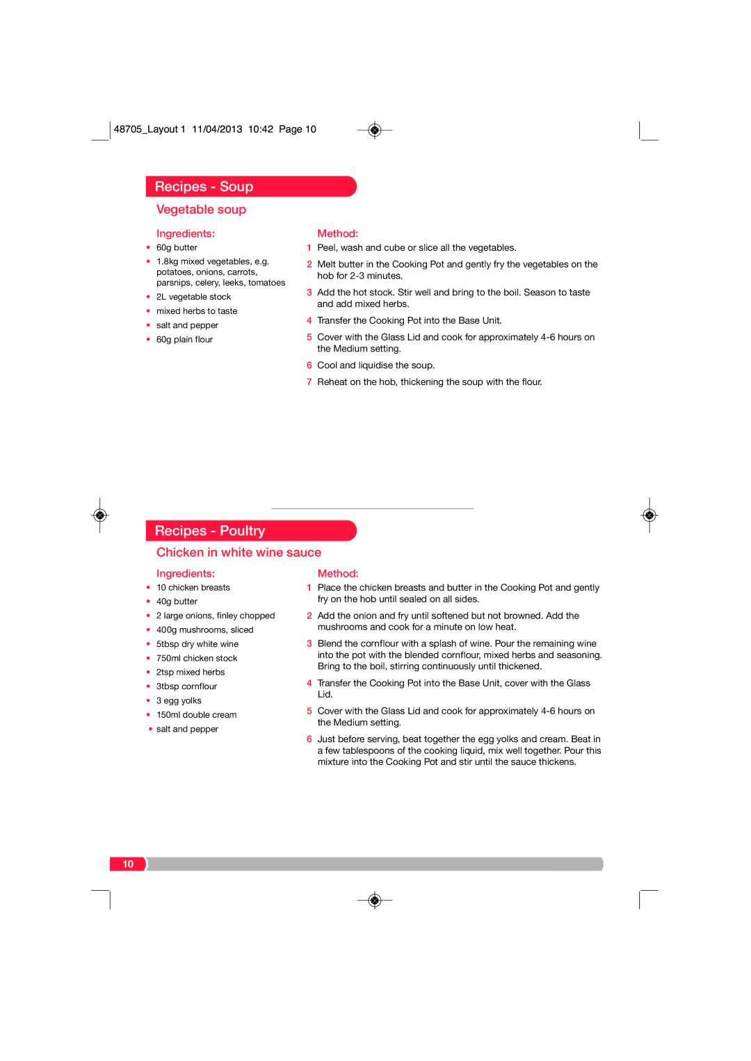 Morphy Richards SC48705 manual Recipes Soup, Recipes Poultry, Vegetable soup, Chicken in white wine sauce 