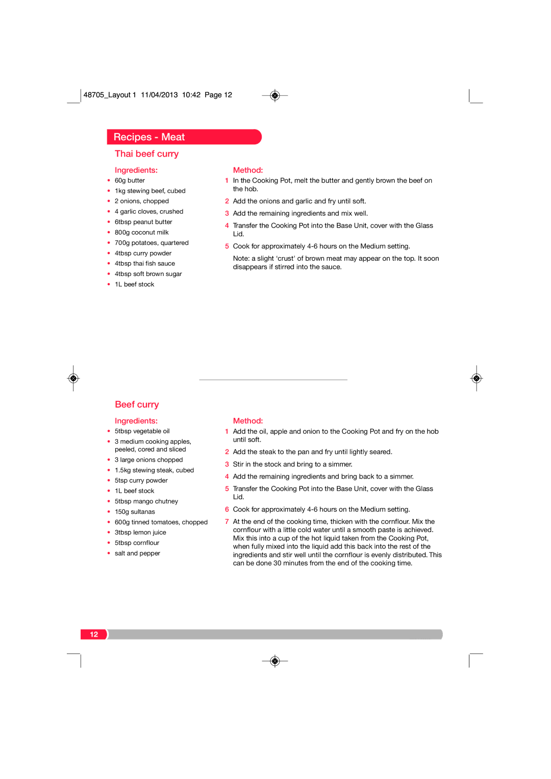 Morphy Richards SC48705 manual Thai beef curry, Beef curry 