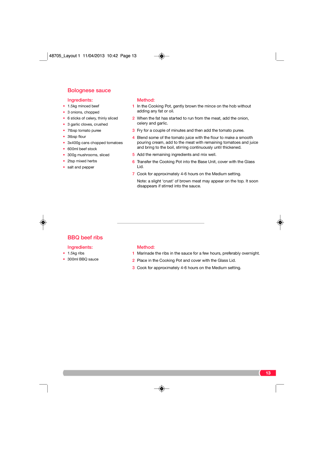 Morphy Richards SC48705 manual Bolognese sauce, BBQ beef ribs, Ingredients Method 