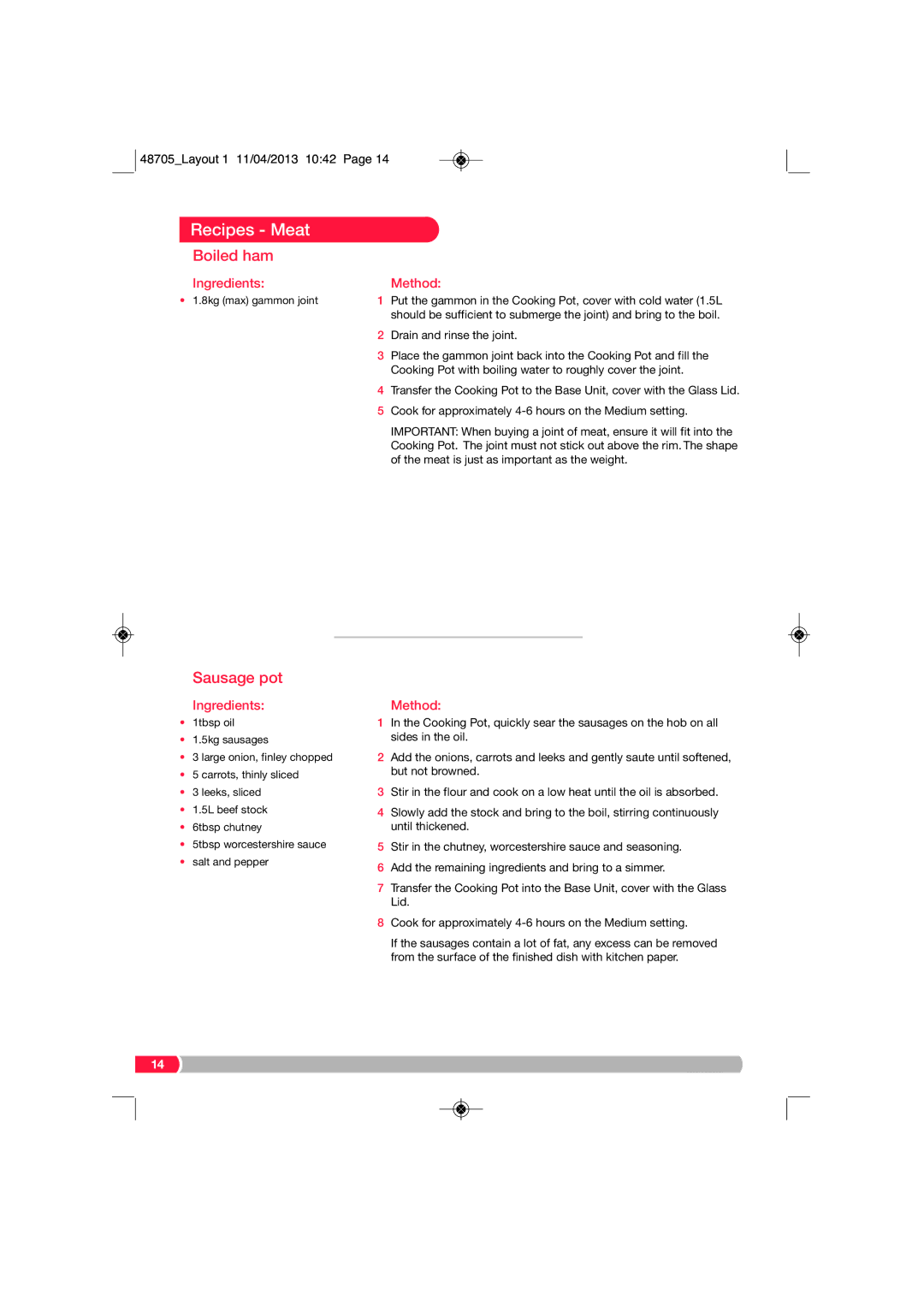 Morphy Richards SC48705 manual Boiled ham, Sausage pot 