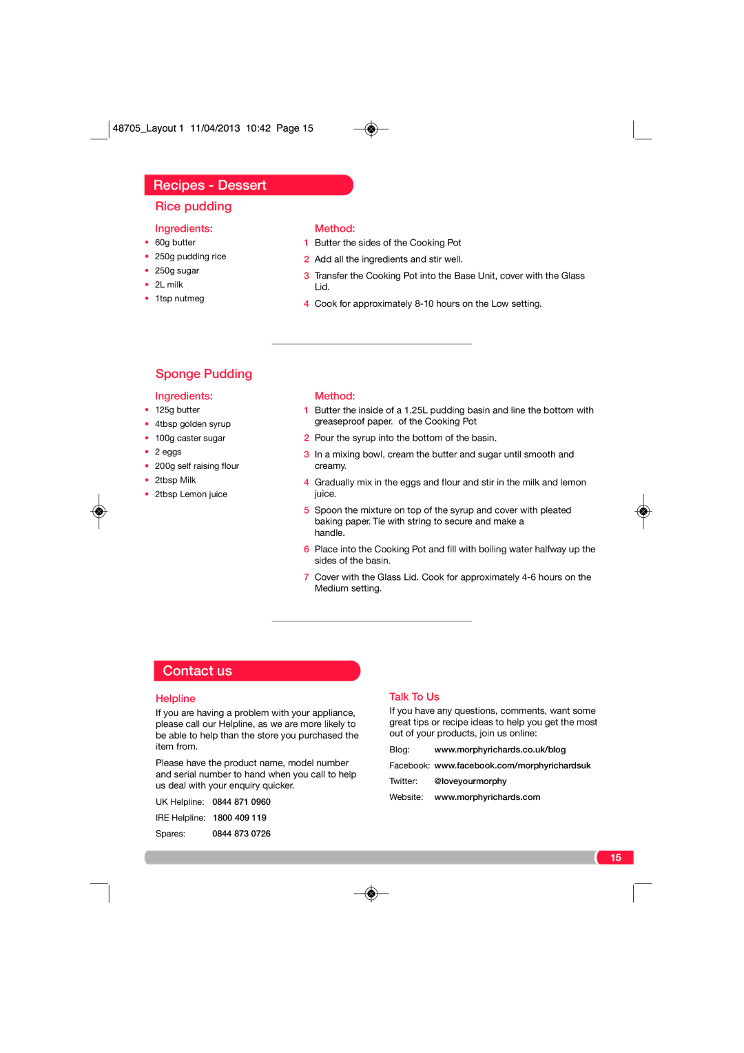 Morphy Richards SC48705 manual Recipes Dessert, Contact us, Rice pudding, Sponge Pudding 