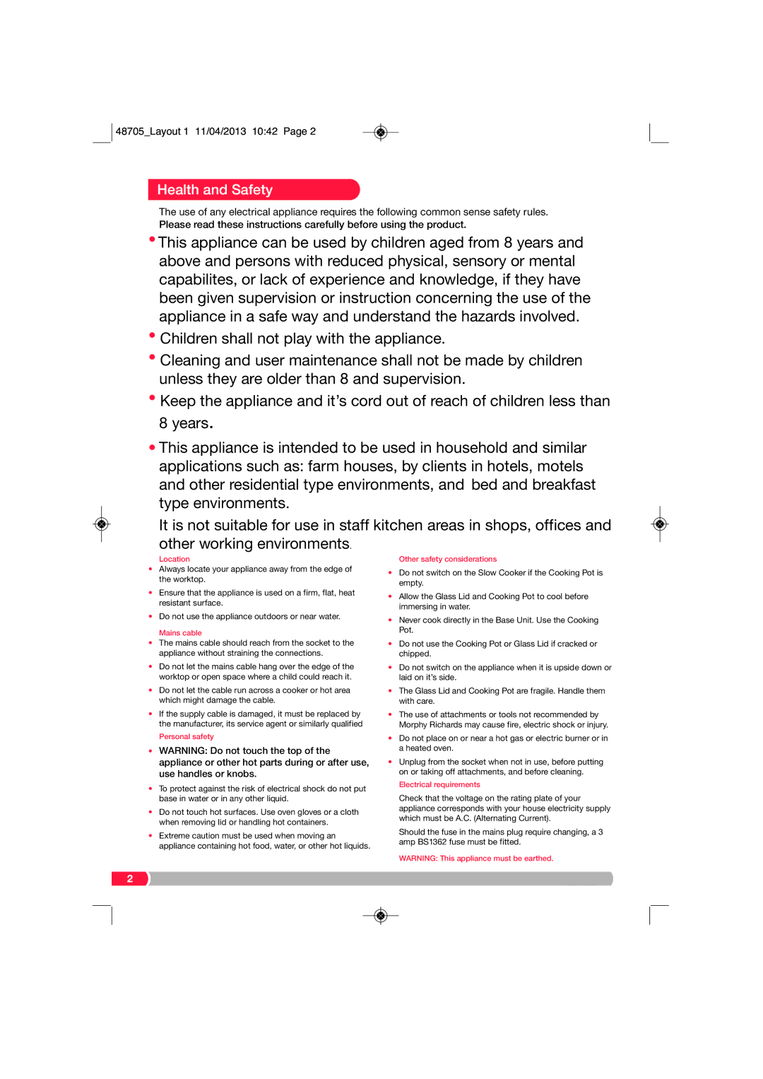 Morphy Richards SC48705 manual Health and Safety 