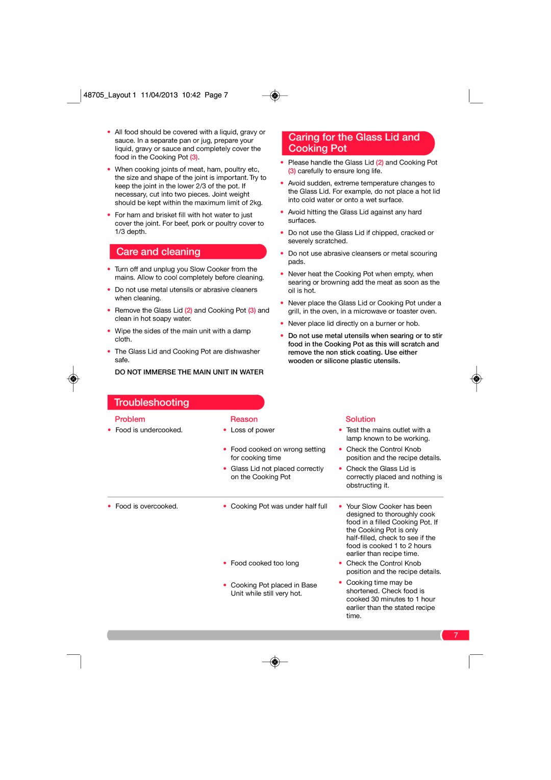 Morphy Richards SC48705 manual Care and cleaning, Caring for the Glass Lid and Cooking Pot, Troubleshooting, ProblemReason 