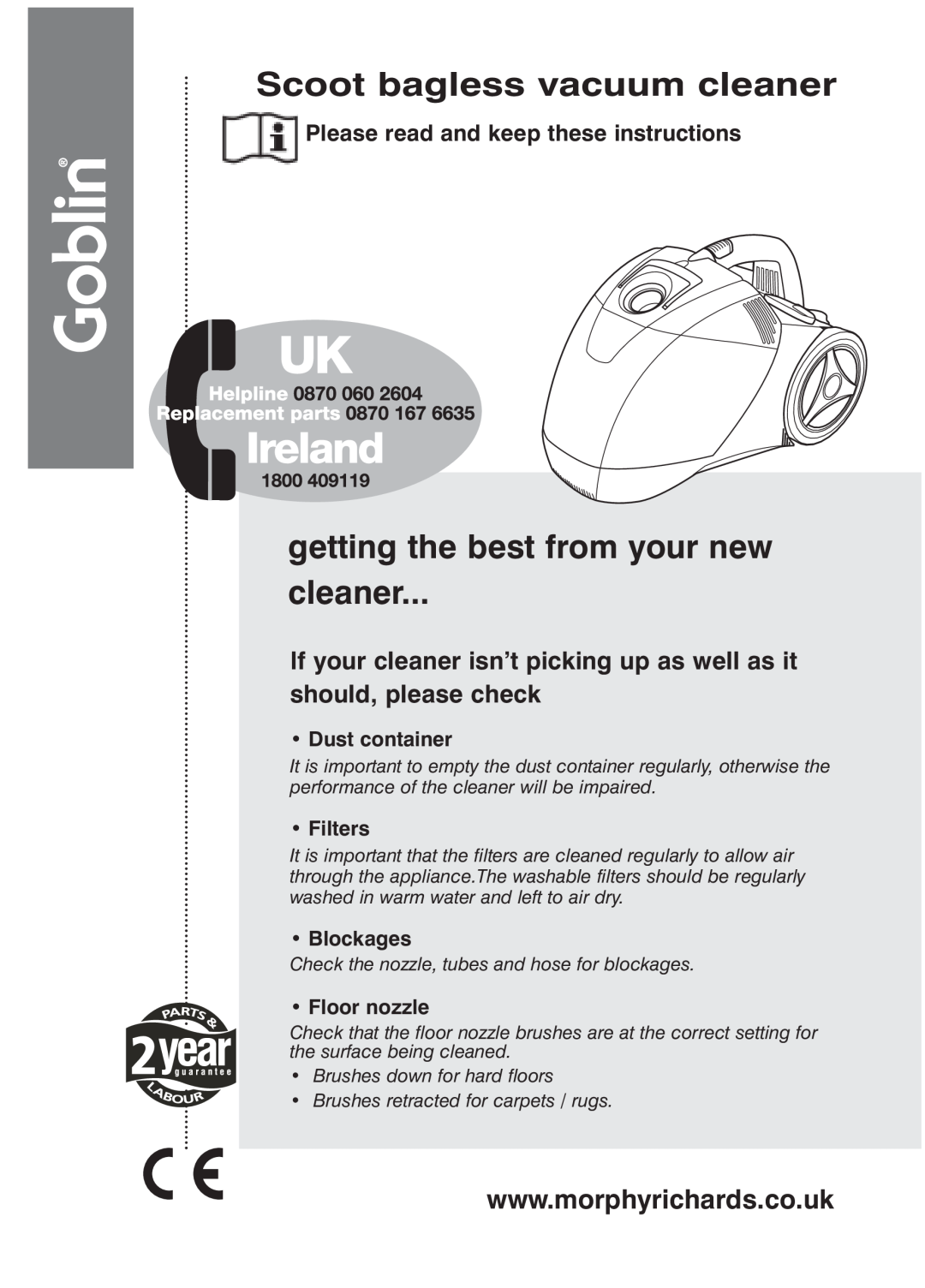 Morphy Richards Scoot bagless vacuum cleaner manual getting the best from your new cleaner, Dust container, Filters 