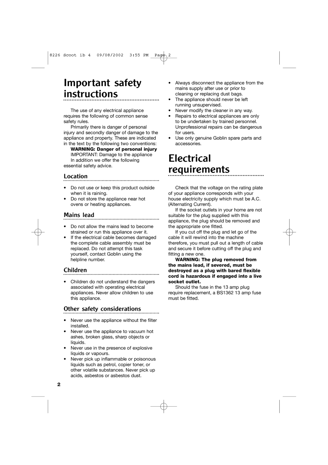 Morphy Richards Scoot cylinder vacuum cleaner manual Important safety instructions, Electrical requirements 