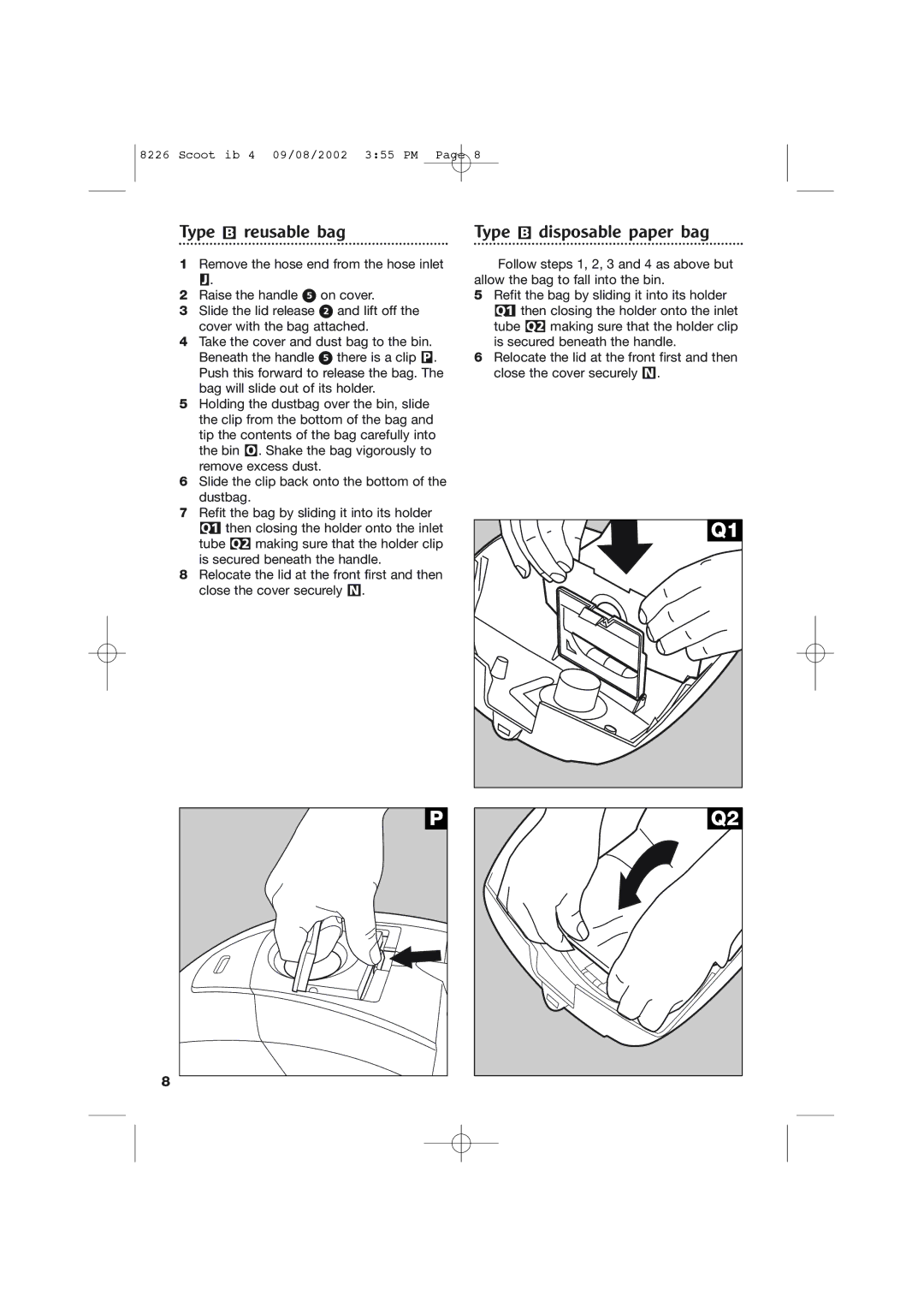 Morphy Richards Scoot cylinder vacuum cleaner manual Type B reusable bag, Type B disposable paper bag 