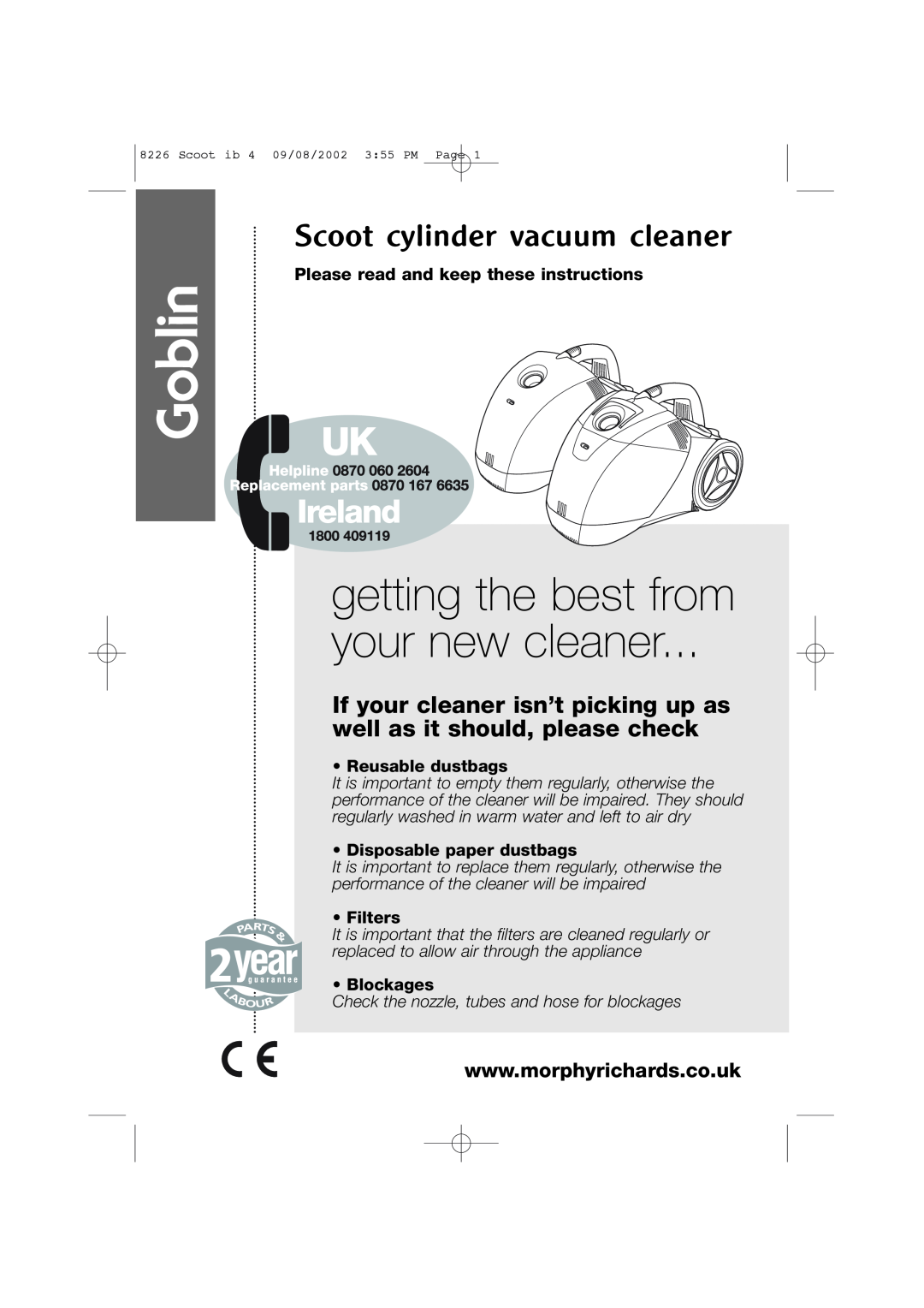 Morphy Richards Scoot cylinder vacuum cleaner manual getting the best from your new cleaner, Reusable dustbags, Filters 